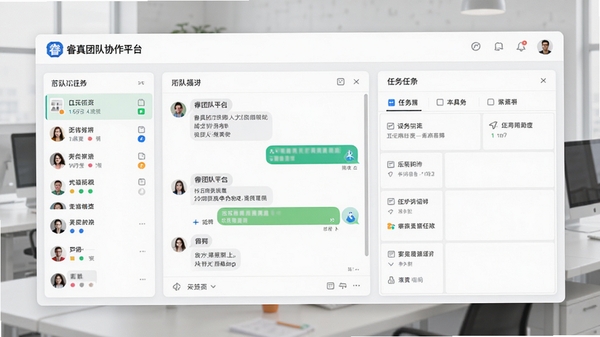 睿真团队协作平台主界面预览图,展示清晰的团队列表、对话窗口和任务看板,整体风格现代简约,色彩明快,背景为浅灰色工作场景,突出软件的品牌标识和核心功能布局,画面干净专业。