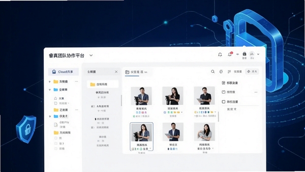 睿真团队协作平台文件共享界面,显示云盘文件夹列表和文件预览窗口,包含权限设置选项,界面简洁,背景为数据安全主题的抽象图形,强调安全与协作并重的特性。