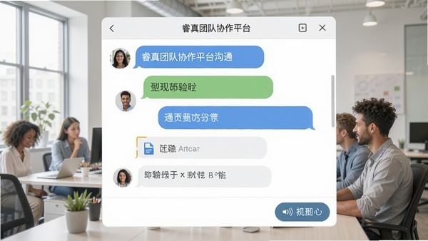 睿真团队协作平台沟通界面截图,显示多人对话窗口,包含文字消息、文件附件和语音通话按钮,界面友好,消息气泡清晰,背景为明亮的办公室环境,强调团队交流的即时性和便捷性。