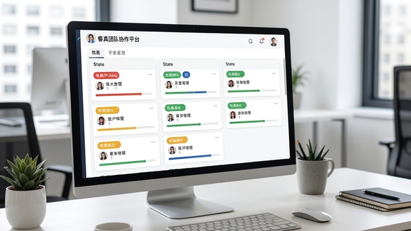 睿真团队协作平台任务看板界面,展示多个任务卡片按状态分列,色彩标签区分优先级,进度条清晰可见,整体界面整洁,背景为现代办公桌,突出项目管理的可视化与高效性。