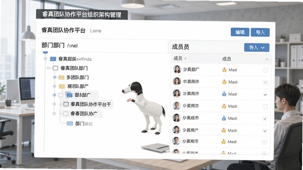 睿真团队协作平台组织架构管理页面,展示树形部门结构和成员列表,带有编辑和导入按钮,界面清晰,背景为办公场景,突出企业管理的规范性和灵活性。