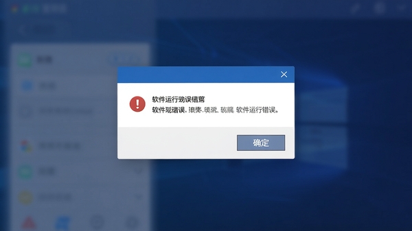 软件运行错误提示弹窗的示意图,画面以深蓝色为主色调,中央显示白底错误对话框,配有“确定”按钮,背景虚化处理突出故障警示氛围