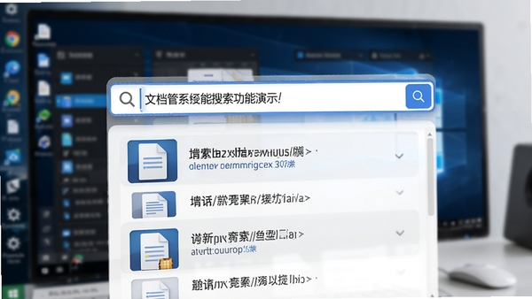 文档管理系统智能搜索功能演示图,画面聚焦于搜索栏输入关键词后,下方立即以列表形式展示出多个命中的文件缩略图与路径信息,背景为模糊化的电脑桌面,突出搜索结果的清晰与快速