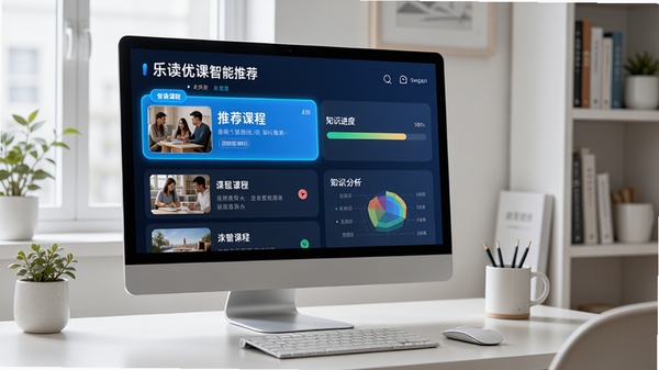 乐读优课智能推荐界面,屏幕展示个性化课程列表和知识点分析图表,背景为现代简约书桌,电脑屏幕亮起,界面高亮显示推荐课程和进度条,色彩明快,突出智能推荐功能