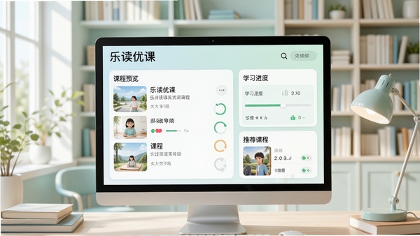 乐读优课主界面预览,展示课程列表、学习进度和推荐课程模块,背景为明亮的书房环境,整体色调清新淡雅,界面布局清晰,突出软件名称和主要功能区域