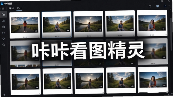一张展示咔咔看图精灵主界面截图风格的图片,背景为深色系,前景是软件流畅浏览高清图片的界面,图片网格布局清晰,缩略图加载迅速,整体氛围体现高效与专业,画面中心突出软件名称咔咔看图精灵