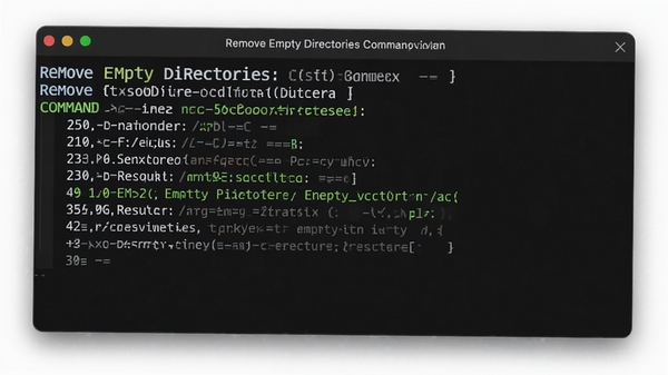 Remove Empty Directories 命令行操作界面,黑色终端窗口中显示命令参数与执行结果,界面简洁专业,背景为暗色调突出代码