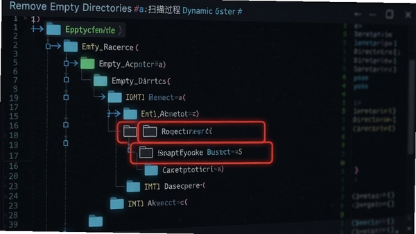 Remove Empty Directories 扫描过程动态示意图,文件夹树状结构被高亮标记,空文件夹以红色边框突出显示,背景为深色代码风格,突显技术感