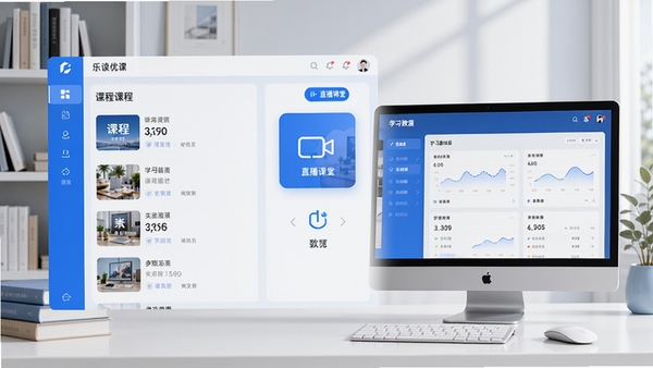 乐读优课软件主界面预览图,展示课程列表、直播课堂入口与学习数据看板,画面整体采用清爽的蓝白配色,界面布局清晰,背景为现代简约书房场景,书本与电脑元素点缀,整体风格明亮专业