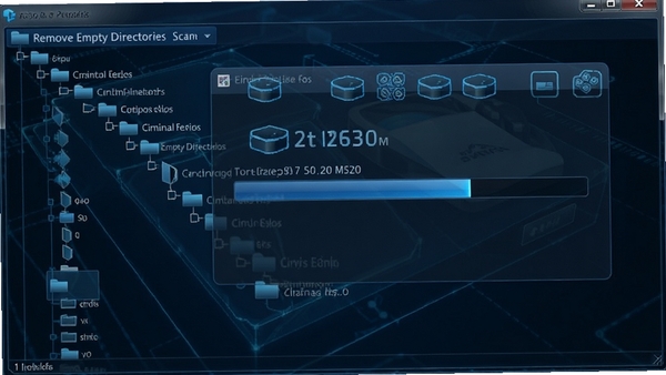 Remove Empty Directories 扫描过程界面,显示进度条和已发现的空文件夹数量,背景为磁盘目录结构示意图,科技感蓝调,细节丰富