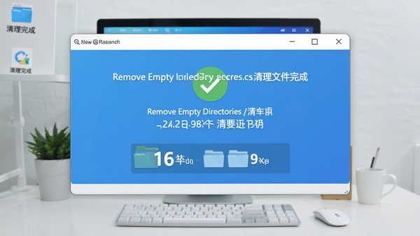 Remove Empty Directories 清理完成界面,显示释放空间大小和清理文件夹数量,背景为整洁的电脑桌面,风格明亮,突出软件操作成功的提示信息