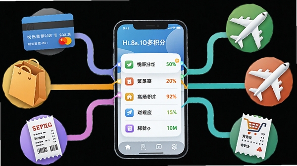悦积分多源聚合功能示意图,画面中央是手机界面,周围环绕着信用卡、购物袋、飞机、超市小票等图标,通过线条汇聚到手机屏幕上的积分列表,色彩明亮,信息图风格
