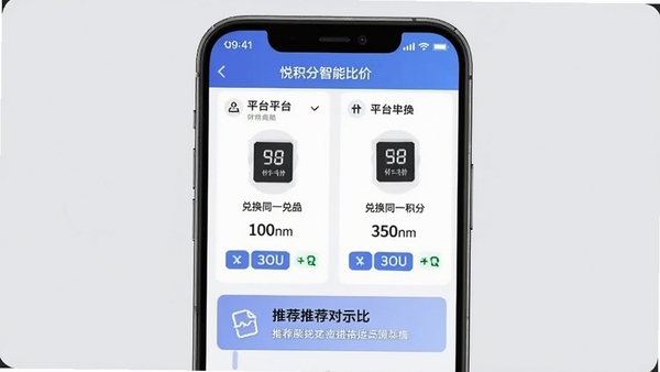 悦积分智能比价界面,手机屏幕上并排显示两个平台兑换同一商品的积分价格差异,下方有推荐提示框,背景为浅灰色,突出数据对比,风格简洁商务
