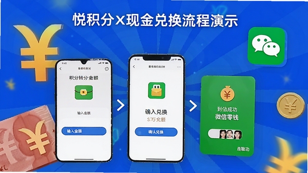 悦积分现金兑换流程演示,手机界面展示积分转换为微信零钱的步骤,包含输入金额、确认兑换、到账成功三个环节,背景有人民币符号和微信支付图标,色彩明亮