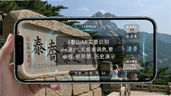 i泰山AR实景识别功能演示,手机屏幕对准泰山石刻,屏幕叠加显示文字介绍与历史背景,背景为泰山实景,科技感与古朴感融合