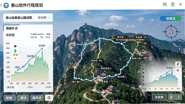 i泰山软件行程规划界面,显示泰山经典登山路线图与海拔高度标注,背景为泰山实景地图,界面清晰展示推荐路线与补给点