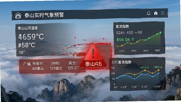 i泰山实时气象预警界面,展示泰山山顶温度、风力与客流指数,界面设计直观,红色预警标识醒目,背景为泰山云海气象图