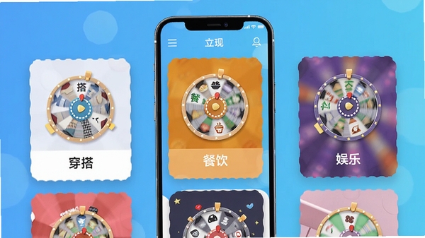 大转盘就决定多场景模板预览图,手机屏幕上展示多个转盘模板卡片,包含“穿搭”、“餐饮”、“娱乐”等分类,每个卡片上有小转盘图标和名称,背景为清爽的蓝色渐变,整体界面层次丰富,突出模板的多样性和实用性