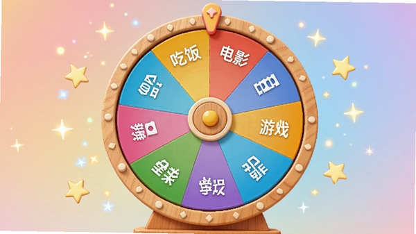 大转盘就决定核心全貌预览图,画面中央是一个色彩鲜艳的木质大转盘,转盘上划分多个彩色扇形区域,分别标注“吃饭”、“电影”、“游戏”、“学习”等生活选项,转盘背景为柔和的渐变色,周围散落着星星点点的光效,整体风格活泼明快,突出随机决策的趣味性和便捷性,适配Boogu模型生成