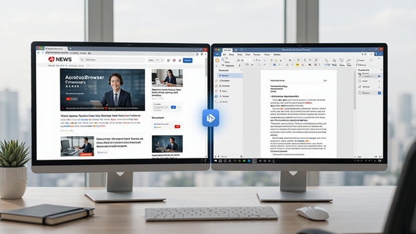 阿库浏览器(AcooBrowser)双屏显示功能演示,画面左侧是新闻资讯页面,右侧是文档编辑页面,中间有清晰的拖拽分隔条,背景环境为现代办公桌,整体色调和谐,重点展示分屏操作后的整洁布局,画面清晰。