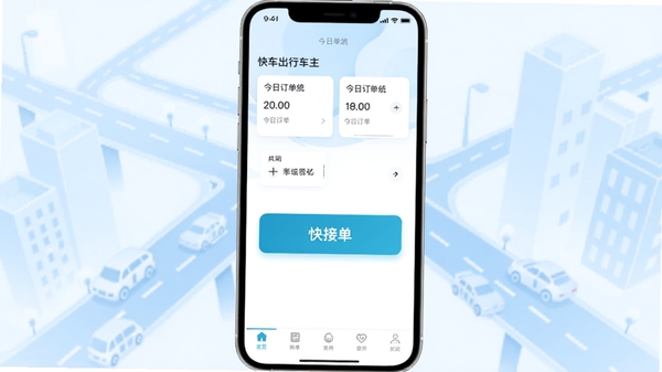 快车出行车主版主界面预览图,展示清晰的接单大按钮、今日订单统计卡片和底部导航栏,整体风格简洁明了,背景为浅蓝色城市道路抽象线条,画面中心突出手机屏幕内容
