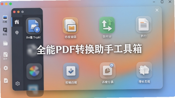 全能PDF转换助手工具箱界面,展示压缩、合并、拆分等图标,现代扁平化设计,背景柔和渐变,软件名称居中展示,细节丰富