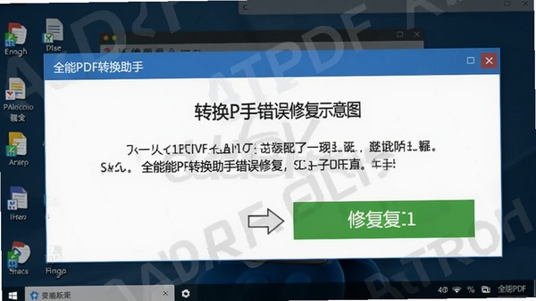 全能PDF转换助手错误修复示意图,显示错误弹窗和修复按钮,背景为电脑桌面,软件名称水印,清晰直观