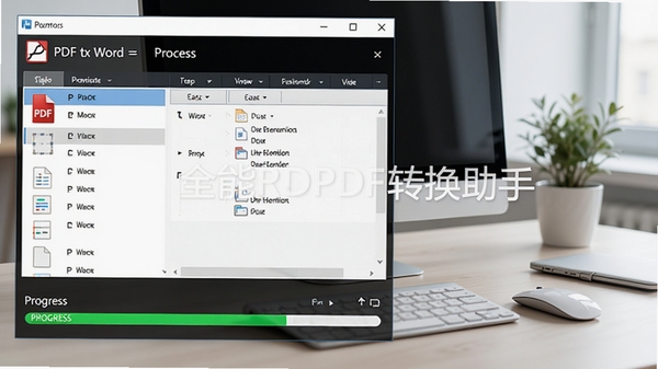 全能PDF转换助手格式转换界面截图,显示PDF转Word的转换过程,文件列表和进度条,背景为整洁的办公桌面,软件名称水印,高分辨率