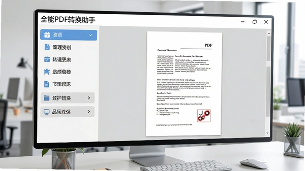 全能PDF转换助手主界面展示,左侧功能列表清晰,右侧预览区域显示PDF文档,整体风格简洁明亮,现代办公场景,软件名称显示在顶部,高清细节