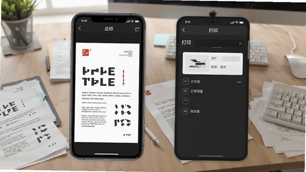 达印软件文档预览界面,手机展示PDF文件内容,旁边是打印设置选项,背景为办公桌面,文件纸张散落,风格写实