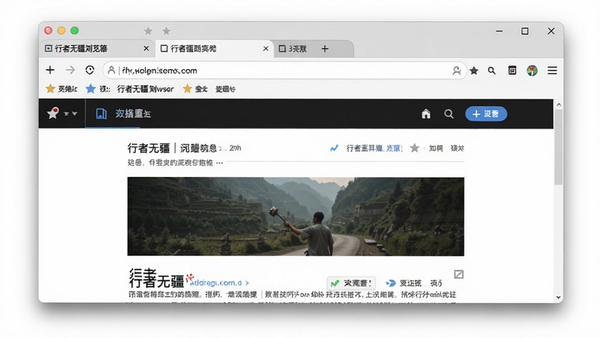 行者无疆浏览器主界面截图,展示多标签栏、地址栏、书签栏及一个打开的网页内容,整体风格简洁明亮,背景为浅色系,窗口边缘有柔和阴影,画面清晰,细节丰富,居中构图,杂志风格产品展示