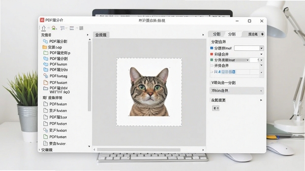 PDF猫分割合并主界面预览图,展示软件窗口布局,左侧为文件列表,右侧为分割合并选项,背景为干净的办公桌面,整体风格简洁明亮