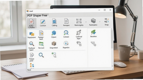 PDF Shaper Free主界面预览图,展示其清爽的工具布局和功能列表,背景为淡雅的办公桌面环境