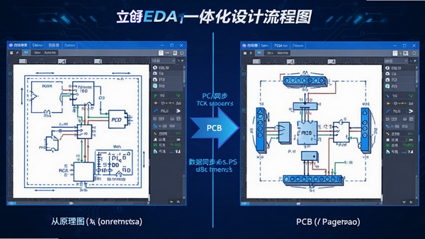 立创EDA一体化设计流程图,展示从原理图到PCB的完整转换过程,画面分屏展示原理图与PCB编辑界面,箭头示意数据同步,色调以蓝白为主,科技感强
