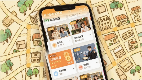 抖小融智能推荐界面,手机屏幕上显示附近商家列表和活动卡片,带有距离标记和优惠标签,背景为手绘风格的城市地图,色彩温暖明亮,突出个性化推荐功能,画面比例16:9,高清渲染