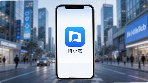 抖小融应用主界面展示,手机屏幕中央显示应用图标和名称,背景为模糊的现代城市街景,界面风格简洁明亮,色彩以蓝白为主,突出生活服务与信息聚合主题,画面比例16:9,高清渲染