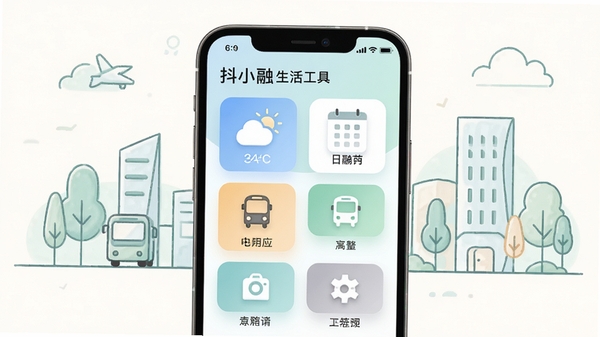 抖小融生活工具界面,手机屏幕显示天气、日历、公交等图标网格,背景为简洁的线性插画,色调清新淡雅,突出实用性与便捷性,画面比例16:9,高清渲染