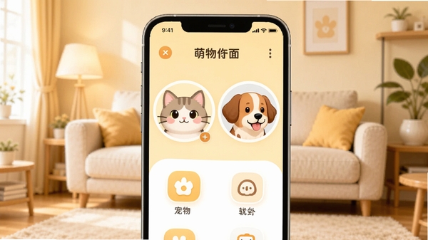 萌宠爱问软件主界面预览图,展示一只可爱的猫咪和狗狗头像,背景为温暖的客厅环境,主色调为淡黄色与白色,界面干净整洁,图标圆润,手机屏幕居中,整体风格温馨明亮,符合宠物应用气质