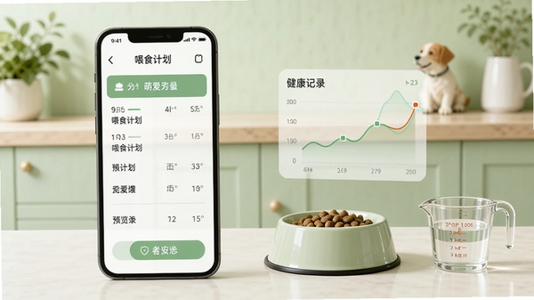 萌宠爱问喂养管理功能预览图,展示手机界面上的喂食计划表格和健康记录曲线,背景为淡绿色厨房,有宠物食盆和量杯,界面简洁,数据可视化,整体清新自然