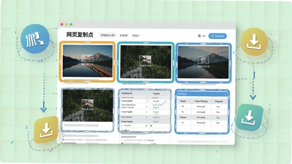 网页复制大师批量抓取功能展示,画面中央显示网页中多张图片和表格被高亮框选,周围有浮动图标表示抓取和下载,背景为浅绿色网格,体现数据采集的便捷性