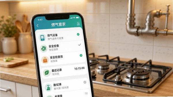 一张智能手机屏幕特写,屏幕中显示燃气管家记录APP的主界面,界面包含燃气设备列表、安全检查项、最近记录时间戳,背景是温馨的厨房环境,燃气灶和管道清晰可见,整体色调明亮,突出安全与科技感,画面比例为16:9,高清渲染
