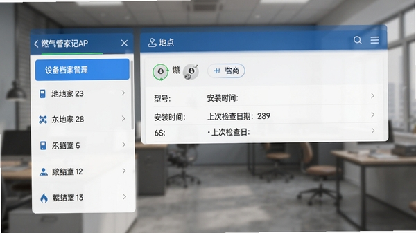 燃气管家记录APP的设备档案管理界面,左侧列表显示多个地点名称,右侧展示选中地点的燃气设备详情,包含型号、安装时间、上次检查日期,背景模糊处理突出前景界面,界面风格简洁商务,符合工具类应用定位