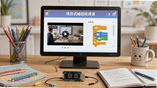 小码精灵课程学习场景图,屏幕显示项目式编程课程界面,包含教学视频和代码积木,桌面上摆放着Micro:bit硬件,周围有学习文具和笔记本