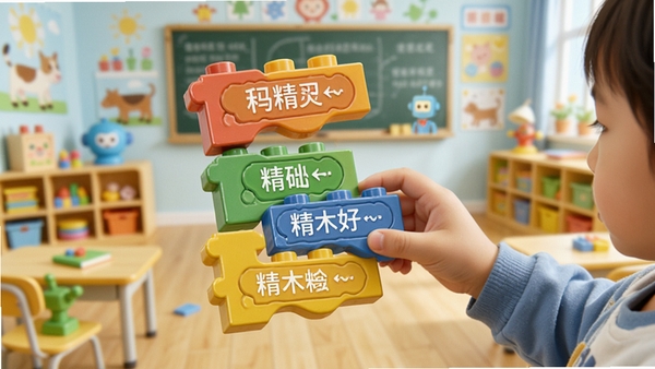小码精灵积木编程功能展示图,画面中一个孩子正在拖拽彩色积木块,积木块上有中文指令标签,背景是明亮的教室,充满童趣