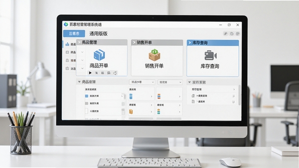 百惠经营管理系统通用版主界面预览图,屏幕显示商品管理、销售开单、库存查询等核心功能模块,背景为简洁的办公桌面环境,整体画面清晰明亮,突出软件界面布局的规整与易用性,适合作为软件介绍的首图展示。