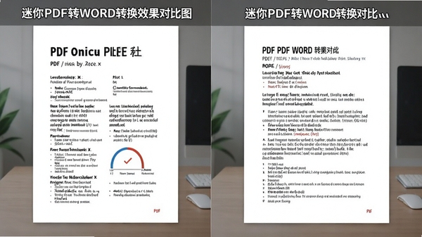 迷你PDF转WORD转换效果对比图,左侧为PDF原文件,右侧为转换后的Word文档,展示排版一致性,风格专业