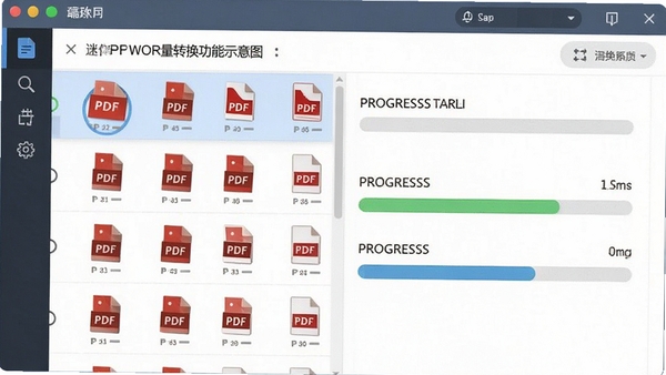 迷你PDF转WORD批量转换功能示意图,显示多个PDF文件在列表中排列,进度条显示转换状态,界面简洁直观