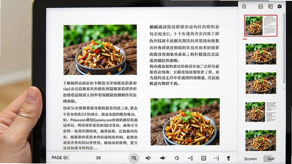 稻壳阅读器正在打开一本PDF电子书,页面显示图文混排的排版效果,文字清晰,图片色彩鲜艳,右侧有缩略图导航栏,底部有页码和缩放工具条,整体界面干净明亮