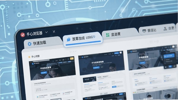 手心浏览器快速加载多个网页标签页的界面示意,标签栏排列有序,其中一个页面正在加载进度条,背景为淡蓝色科技感氛围