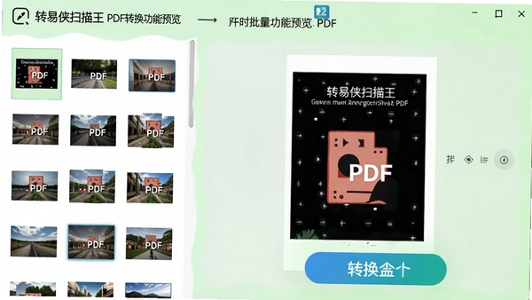 转易侠扫描王PDF转换功能预览,展示图片批量合并为PDF的界面,左侧为图片列表,右侧为PDF预览,背景为浅绿色,突出转换按钮